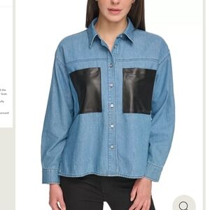 DKNY Denim Shirt With Faux Leather Pockets. Size S